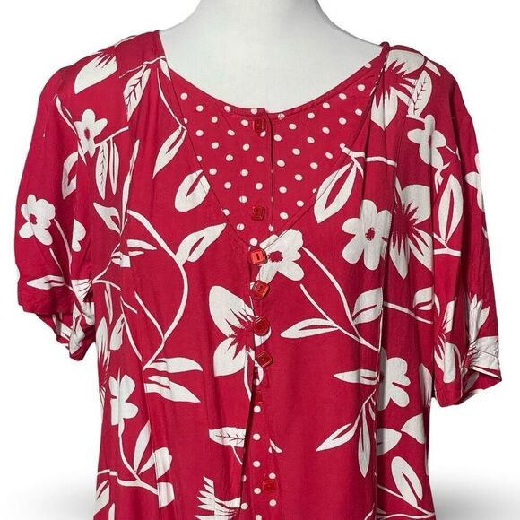 MARISOL Polka-Dot & Floral Dress, Layered Look, Retro Style, Red & White, Size L - Picture 2 of 9